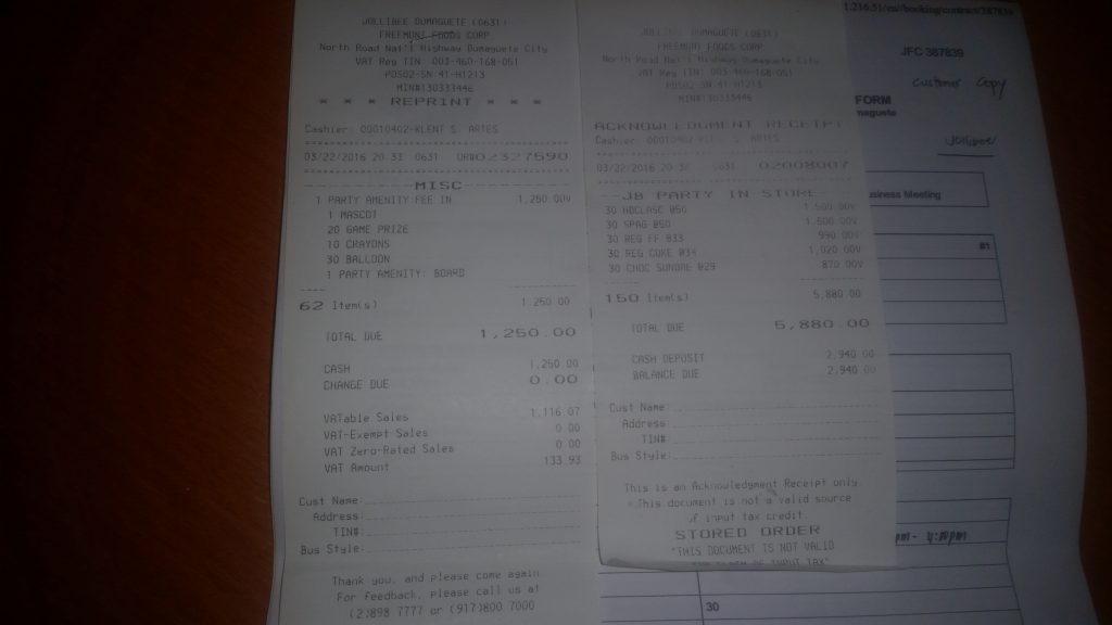Jollibee receipt 3 22 16